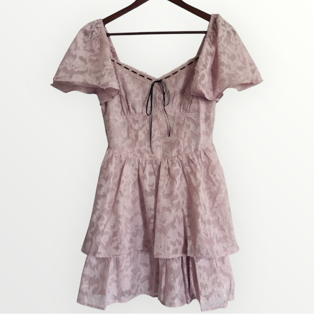 LUSH Short Sleeve Pale Pink Lace Tiered Mini Dress Size M NWT Coquette